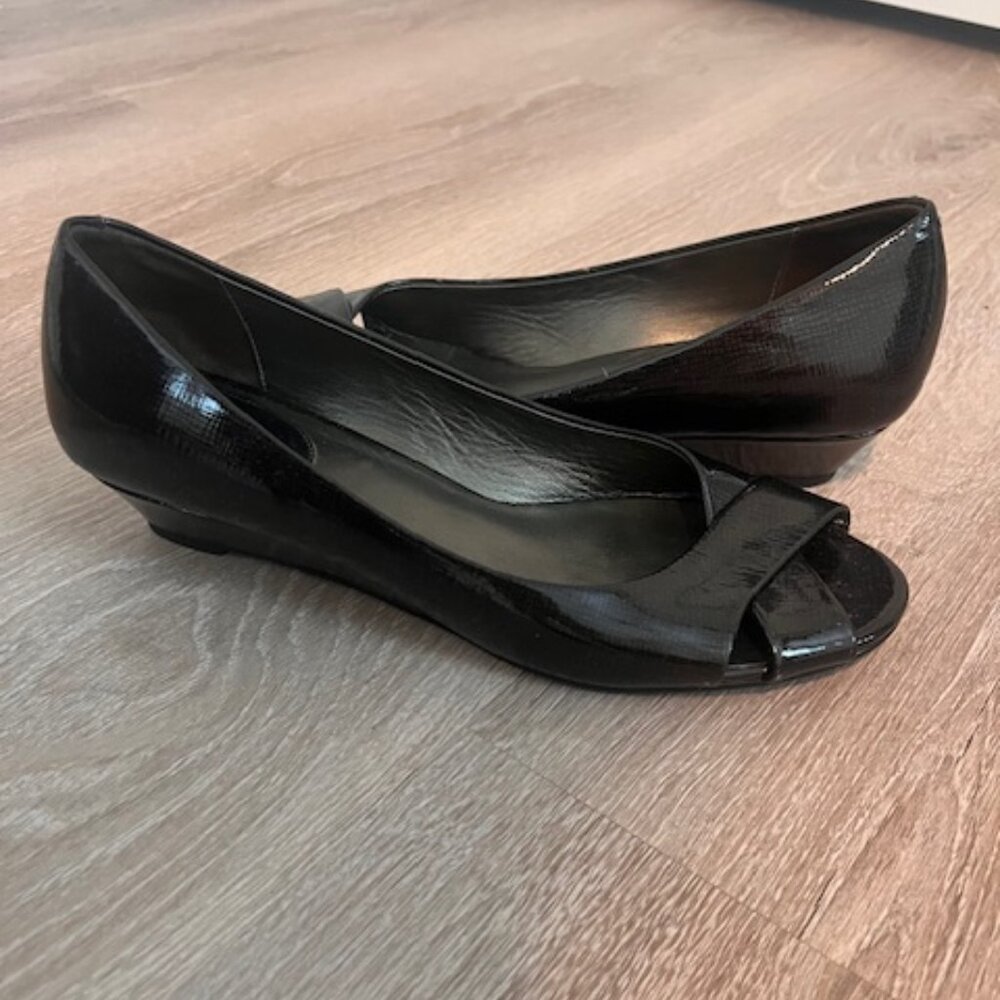Cole Haan Black Patent Leather Peep-Toe Wedge Flats